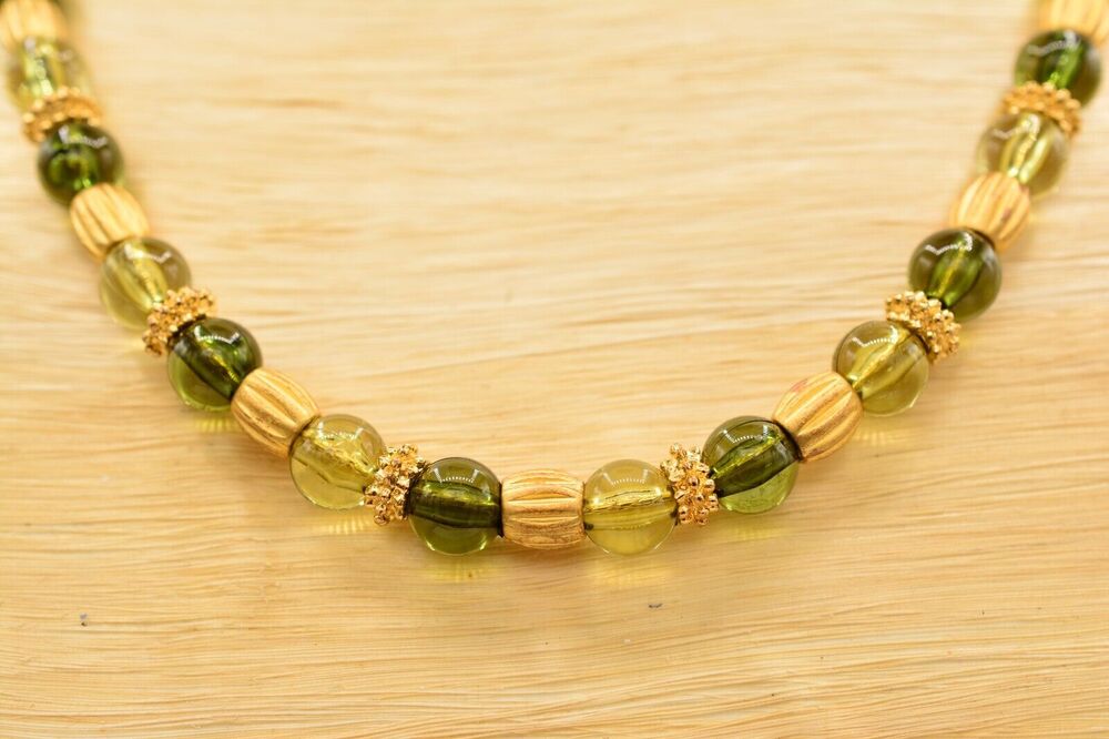 Vintage Beaded Chain Necklace Olive Green Lucite Brushed Gold 1990s BinM